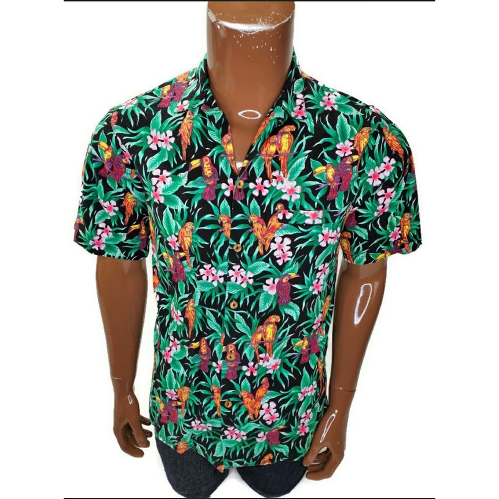 Barefoot In Paradise Hawaiian Shirt Parrot Palm Tree Leaves Mens Medium USA